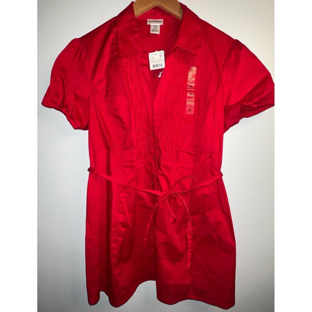 Motherhood Red‎ Maternity Red Short Sleeve Collared V-Neck Pleats Stretch Medium